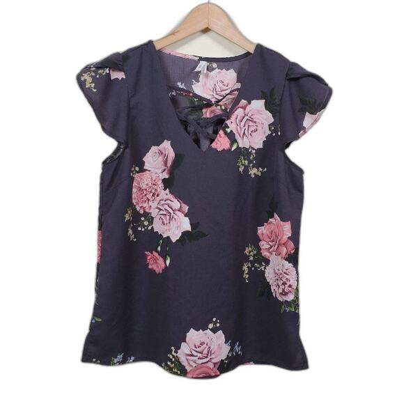 Live 4 Truth Floral Blouse Womens Size S Dark Gray Pink V Neck Cap Sleeve - Picture 1 of 11